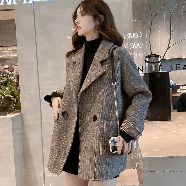 Women Outerwear's Over Tweed Coats Solid Clothes Long Jacket Dress Blazer