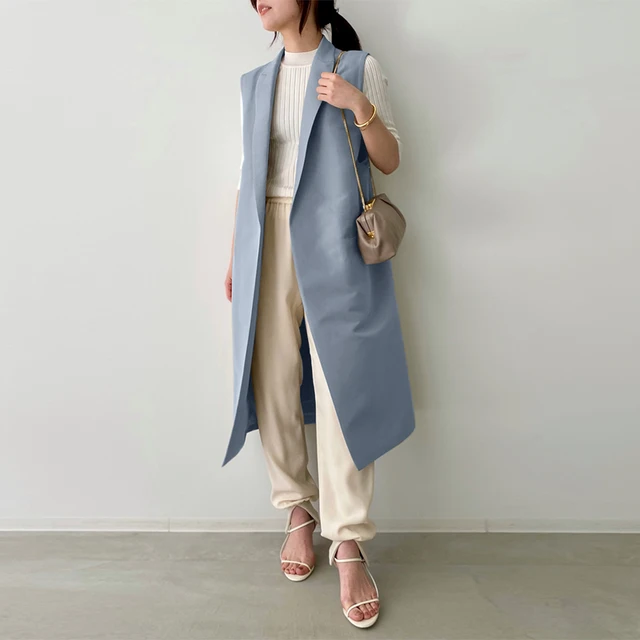 Women Long Tank Blazer Office Lady Lapel Collar Outwears Fashion Pockets Sleeveless Blazer