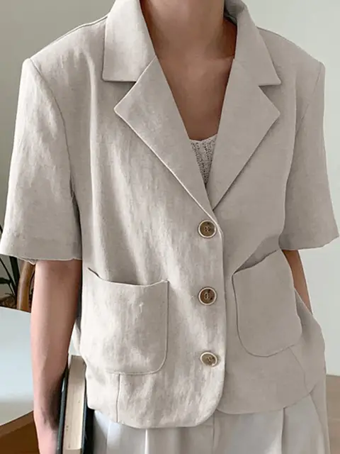 Women Casual Simple Blazer Short Sleeve Pockets Elegant Lightweight Blazer Coats