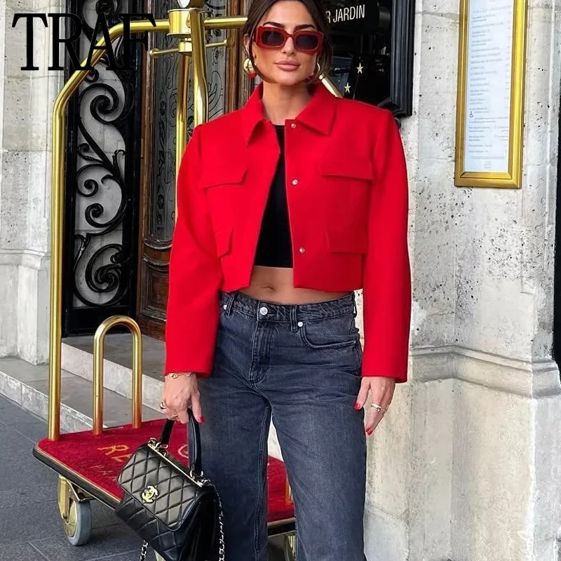 Cropped Red Blazer Women Vintage Chic And Elegant Woman Jacket Long Sleeve Short Coats Flap Women's Autumn Jacket