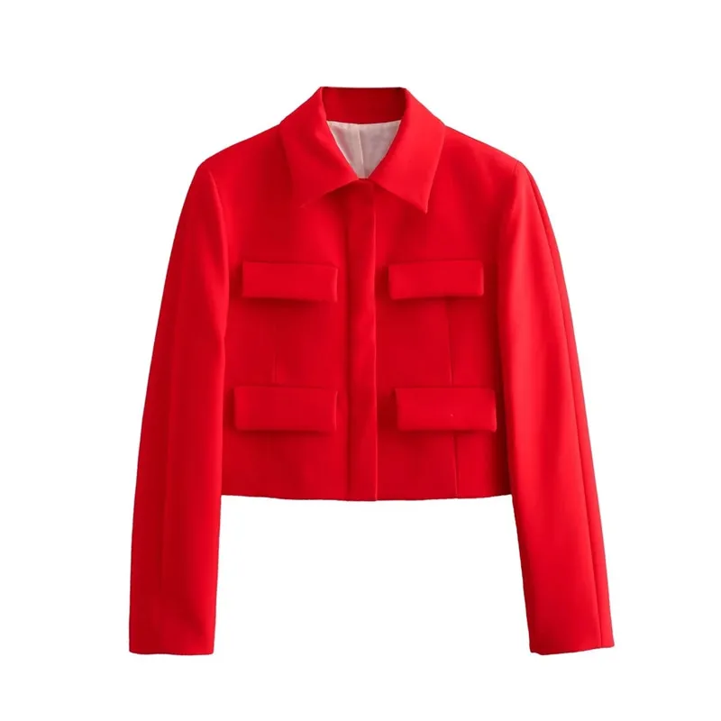 Cropped Red Blazer Women Vintage Chic And Elegant Woman Jacket Long Sleeve Short Coats Flap Women's Autumn Jacket