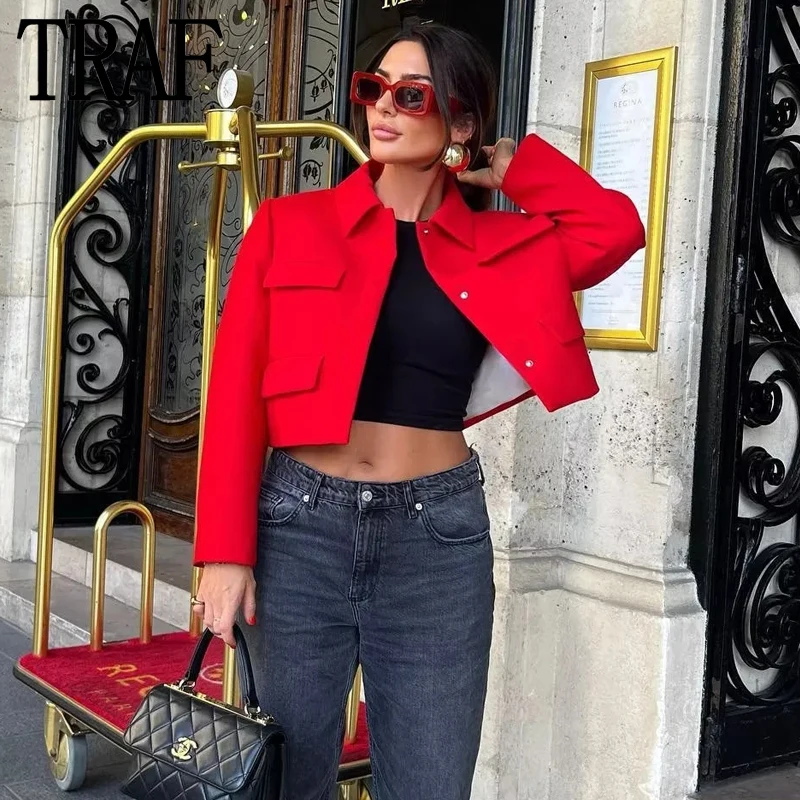 Cropped Red Blazer Women Vintage Chic And Elegant Woman Jacket Long Sleeve Short Coats Flap Women's Autumn Jacket