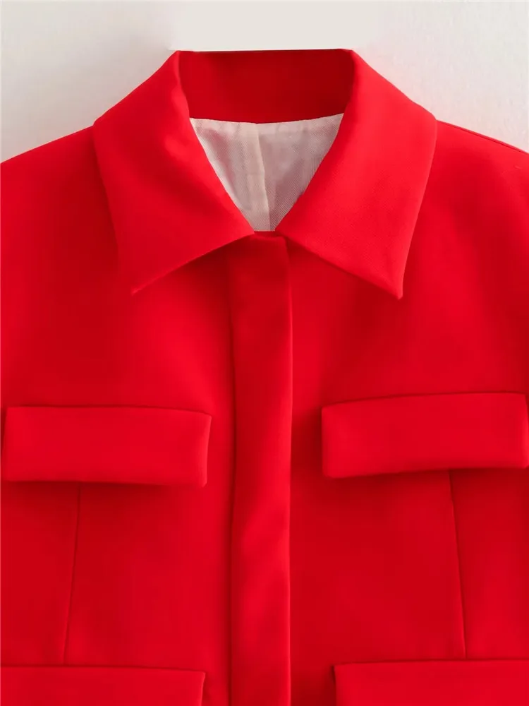 Cropped Red Blazer Women Vintage Chic And Elegant Woman Jacket Long Sleeve Short Coats Flap Women's Autumn Jacket