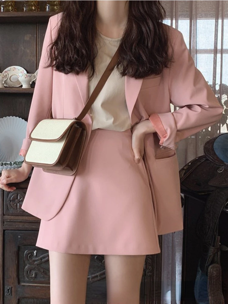 Spring Korean Fashion Casual Pink Small Suit Coat Women Small Loose Small Suit Coat Commuter Office Lady Solid Blazer Outerwear