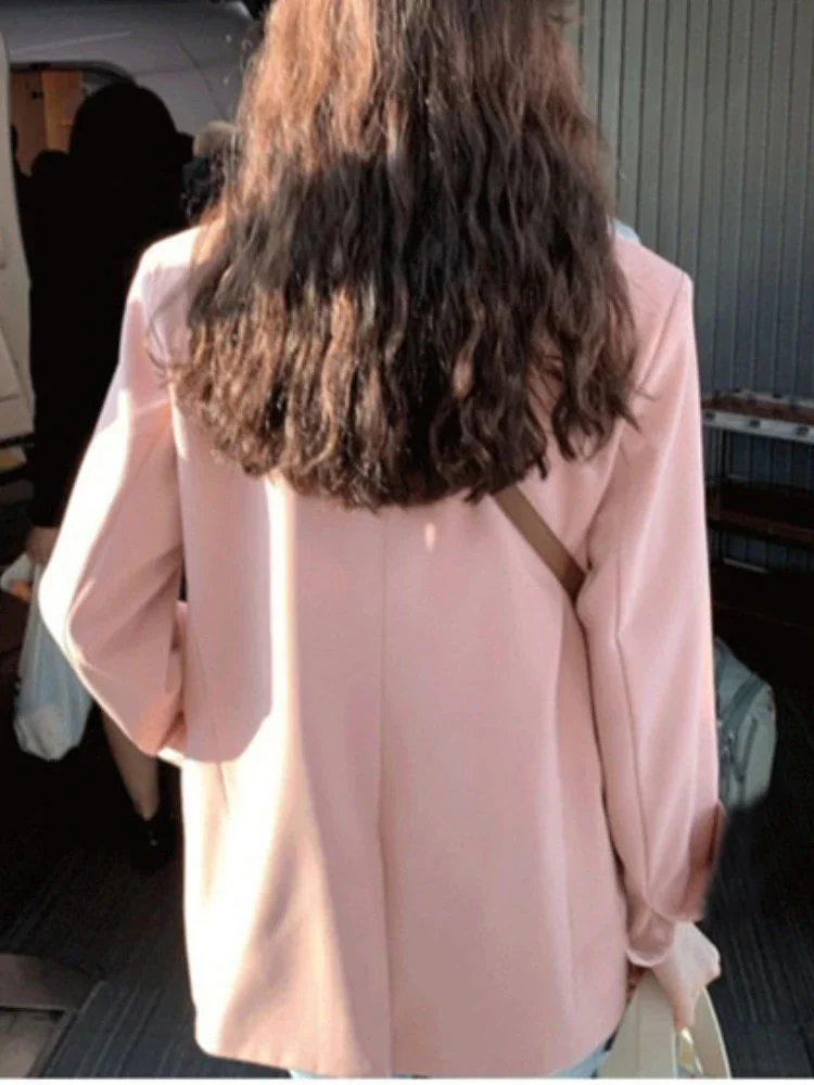 Spring Korean Fashion Casual Pink Small Suit Coat Women Small Loose Small Suit Coat Commuter Office Lady Solid Blazer Outerwear