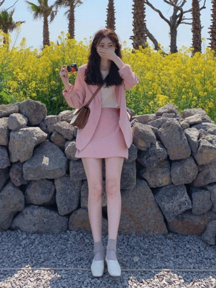 Spring Korean Fashion Casual Pink Small Suit Coat Women Small Loose Small Suit Coat Commuter Office Lady Solid Blazer Outerwear