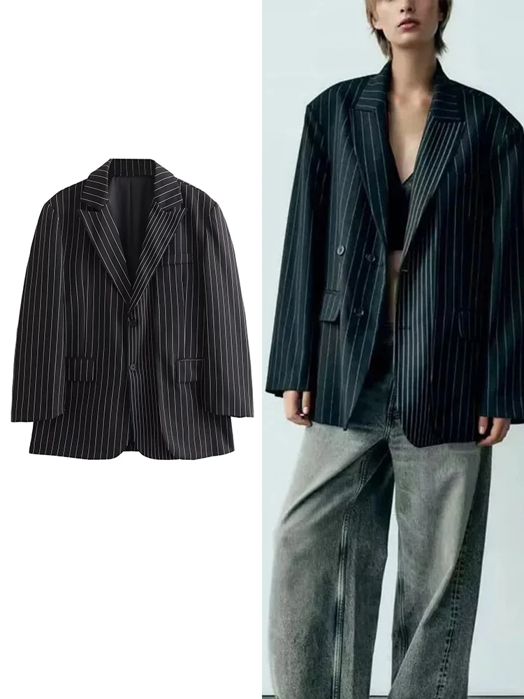 Women's Monochrome Striped Blazer Long Sleeve Double Breasted Office Straight Jacket Black Fashion Autumn and Winter New