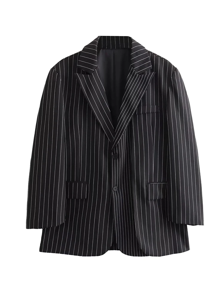 Women's Monochrome Striped Blazer Long Sleeve Double Breasted Office Straight Jacket Black Fashion Autumn and Winter New