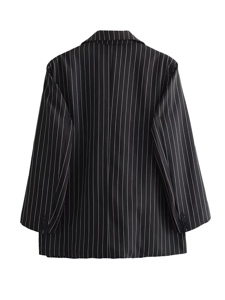 Women's Monochrome Striped Blazer Long Sleeve Double Breasted Office Straight Jacket Black Fashion Autumn and Winter New