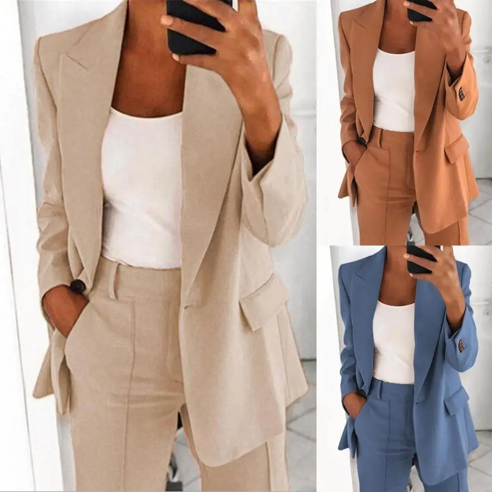 Elegant Jacket Women Suit Jacket Solid Color Turndown Collar Long Sleeve Buttons Blazer Outerwear