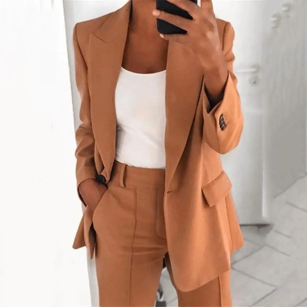 Elegant Jacket Women Suit Jacket Solid Color Turndown Collar Long Sleeve Buttons Blazer Outerwear