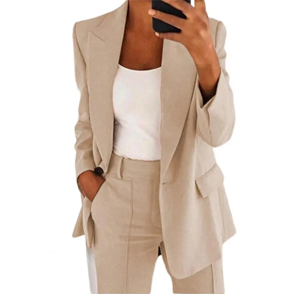 Elegant Jacket Women Suit Jacket Solid Color Turndown Collar Long Sleeve Buttons Blazer Outerwear