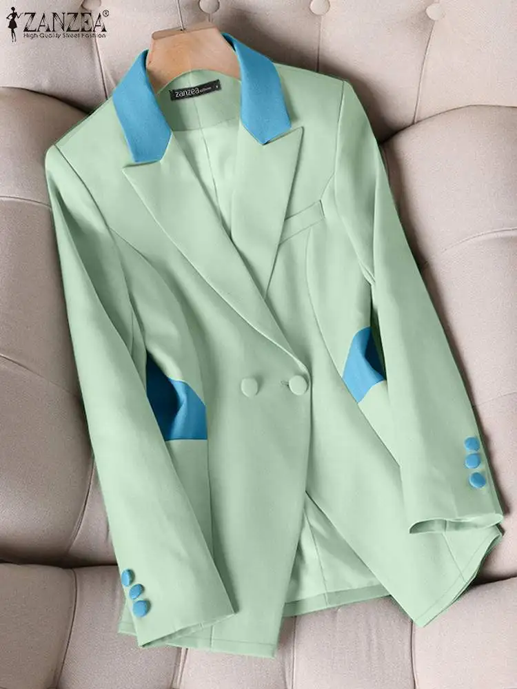 Fashion Colorblock Blazer Women Office Lady Outerwear Elegant Long Sleeve Suit Jacket 2023 Autumn Work Lapel Thin Coats