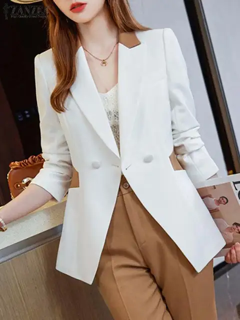 Fashion Colorblock Blazer Women Office Lady Outerwear Elegant Long Sleeve Suit Jacket 2023 Autumn Work Lapel Thin Coats