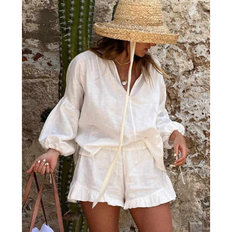 Women Casual Loose White Cotton 2 Piece Sets Outfit Elegant Lace-Up Puff Sleeve Shirt With High Waist Ruffle Shorts Set