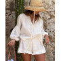 Women Casual Loose White Cotton 2 Piece Sets Outfit Elegant Lace-Up Puff Sleeve Shirt With High Waist Ruffle Shorts Set