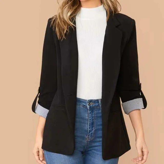 Women Long Sleeve Suit Jackets Solid Pocket Single Button Coat Loose Coat Casual Blazer