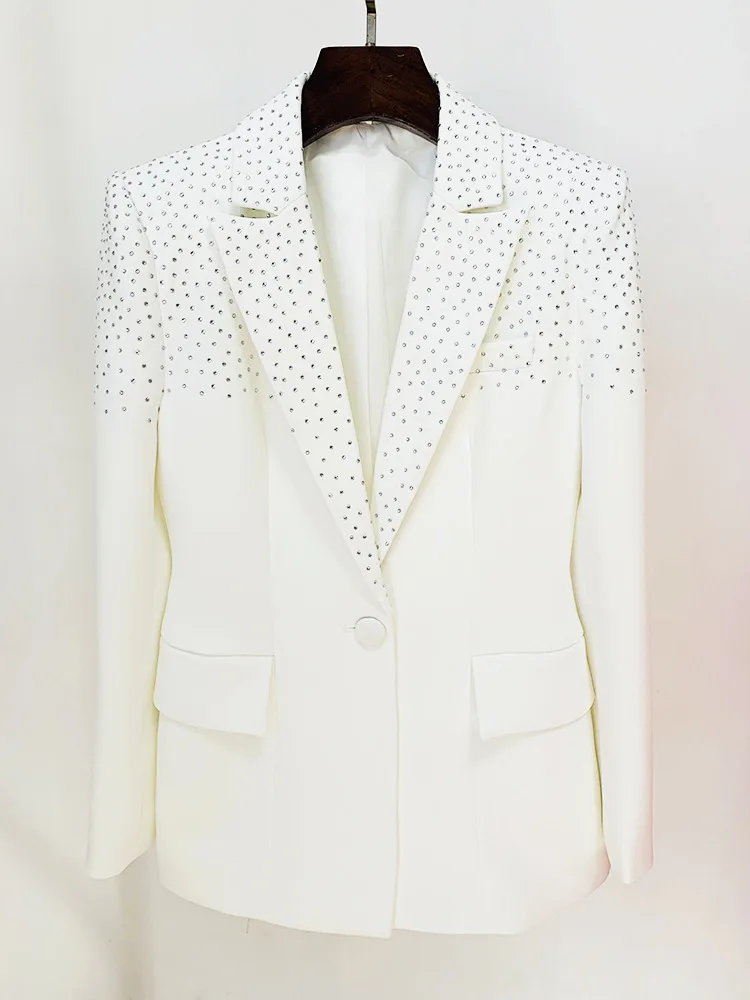 Designer Runway Women's Slim Fit Single Button Rhinestone Diamonds Beaded Blazer Jacket