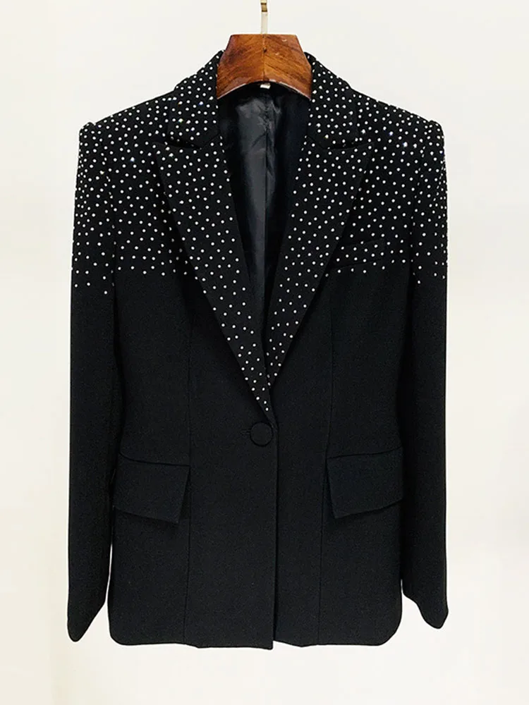 Designer Runway Women's Slim Fit Single Button Rhinestone Diamonds Beaded Blazer Jacket