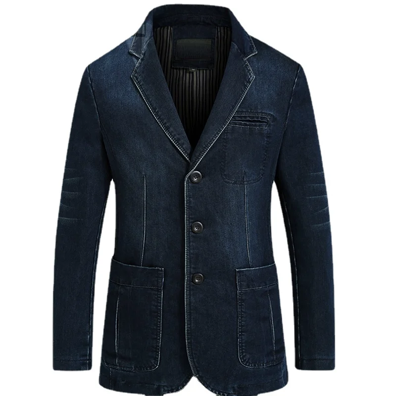 Blazers Jacket Men Casual Denim Slim Pocket Splicing Coat Men's Long Sleeve Single-Breasted Turn-down Collar Blazers Jacket