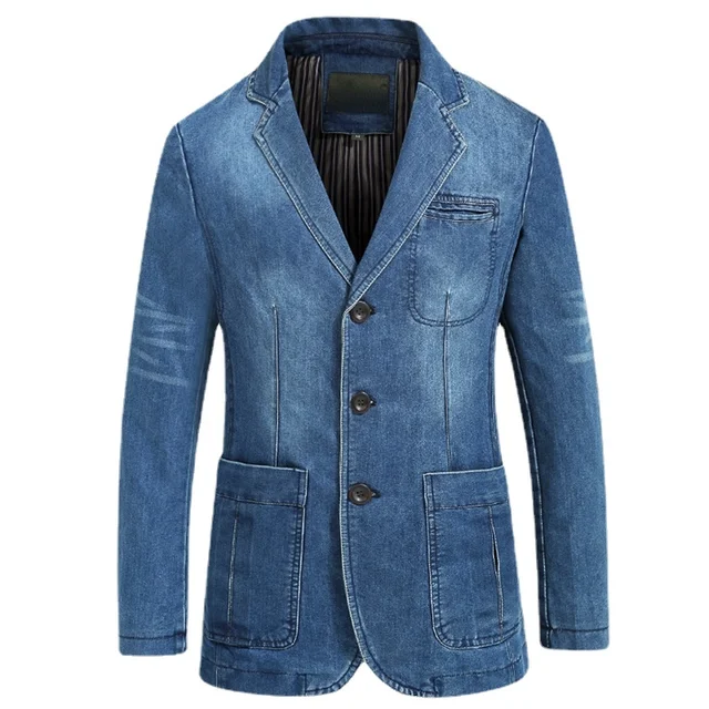 Blazers Jacket Men Casual Denim Slim Pocket Splicing Coat Men's Long Sleeve Single-Breasted Turn-down Collar Blazers Jacket