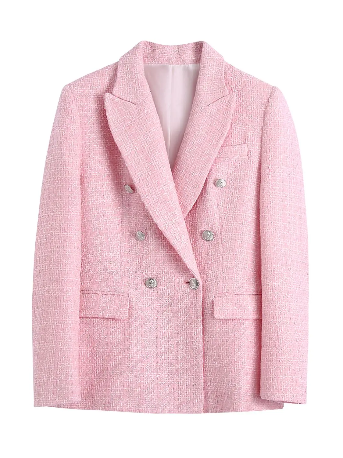 Chic Pink Blazer Office Lady Fashion  Plaid Oversized Long Jackets Women Long Sleeve Double Button Pockets Tops