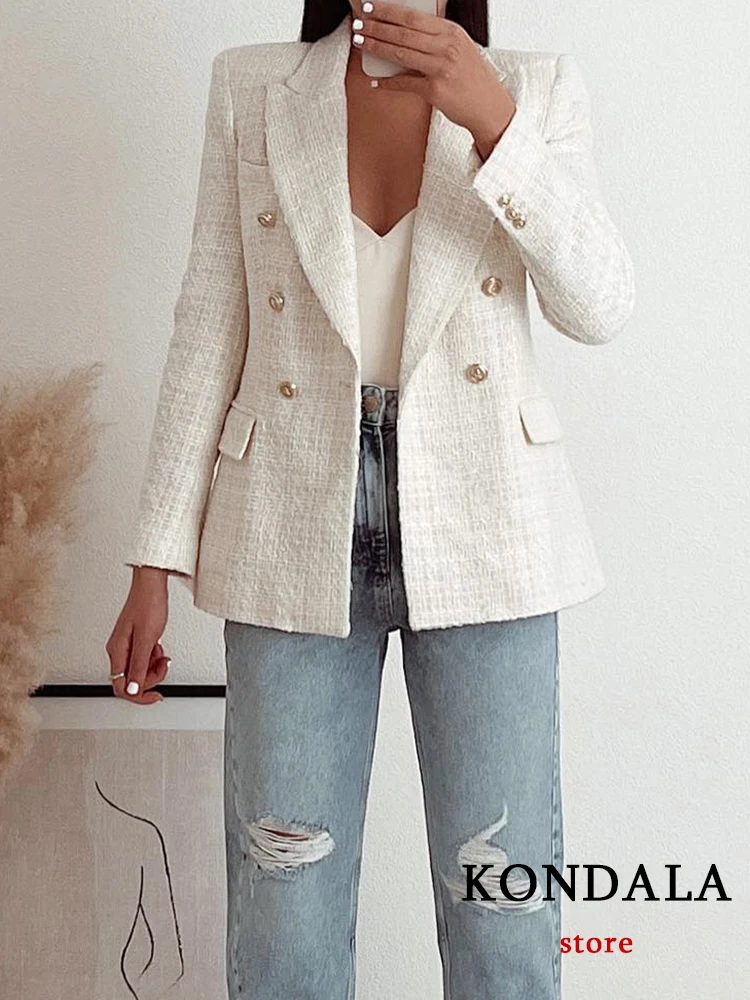 Office Lady Beige Twist Blazer Women V Neck Double Breasted Pockets Thick Jackets Fashion 2024 Vintage Loose Blazers