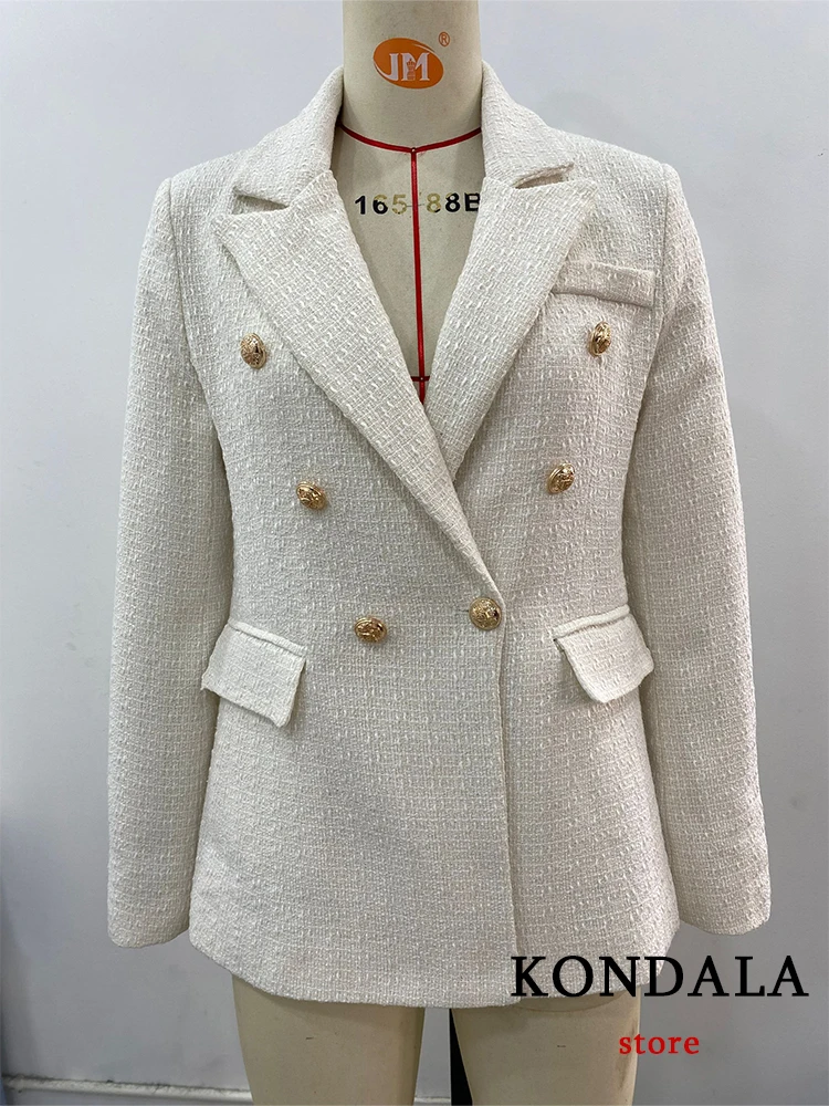 Office Lady Beige Twist Blazer Women V Neck Double Breasted Pockets Thick Jackets Fashion 2024 Vintage Loose Blazers