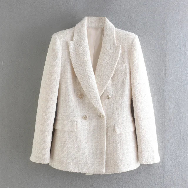 Office Lady Beige Twist Blazer Women V Neck Double Breasted Pockets Thick Jackets Fashion 2024 Vintage Loose Blazers