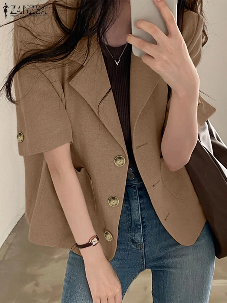 Summer Fashion OL Blazer Lapel Neck Short Sleeve Suits Women Casual Streetwear Outwear Tops Vintage Button Cuffs Shirts