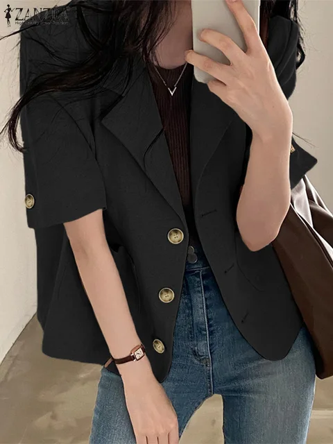 Summer Fashion OL Blazer Lapel Neck Short Sleeve Suits Women Casual Streetwear Outwear Tops Vintage Button Cuffs Shirts