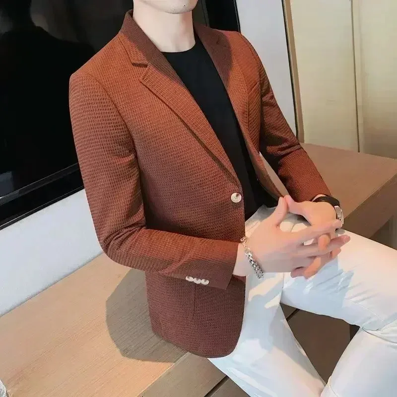 Waffle Suit Jacket Men Blazer Mature Style Casual Fit Korean Style Trendy Suit Jacket Solid Color Business Fashion Coat Top