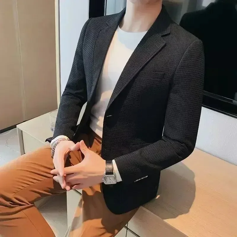 Waffle Suit Jacket Men Blazer Mature Style Casual Fit Korean Style Trendy Suit Jacket Solid Color Business Fashion Coat Top