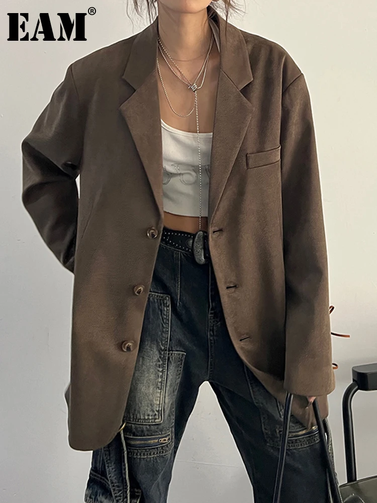 Women Coffee Color Big Side Suede Blazer New Lapel Long Sleeve Loose Fit Jacket Fashion Tide Spring Autumn 1DH0788