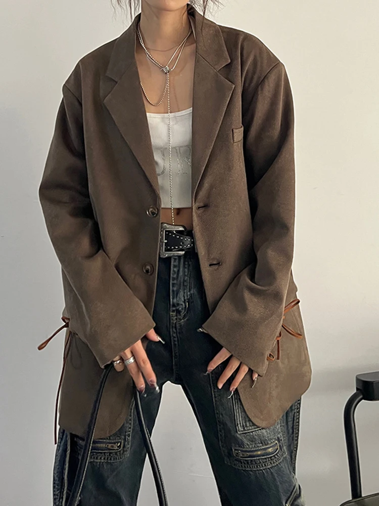 Women Coffee Color Big Side Suede Blazer New Lapel Long Sleeve Loose Fit Jacket Fashion Tide Spring Autumn 1DH0788