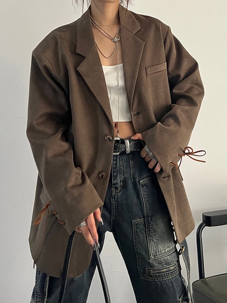 Women Coffee Color Big Side Suede Blazer New Lapel Long Sleeve Loose Fit Jacket Fashion Tide Spring Autumn 1DH0788