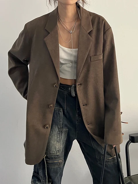 Women Coffee Color Big Side Suede Blazer New Lapel Long Sleeve Loose Fit Jacket Fashion Tide Spring Autumn 1DH0788