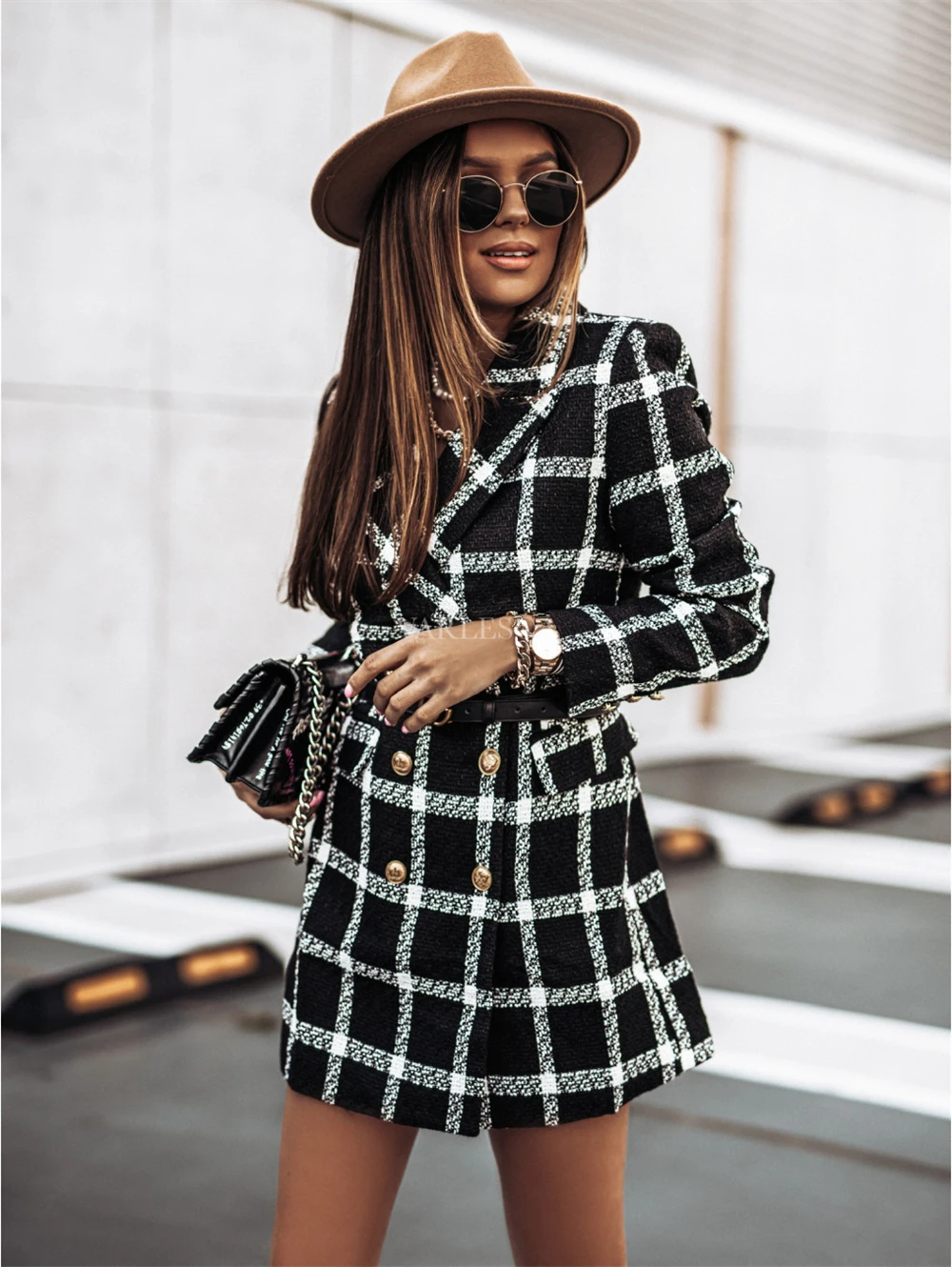 Women Vintage Plaid Tweed Woolen Blazer Coat Female Checked Jacket Outerwear Chic Suits Veste Tops Blazer Mujer Veste Femme