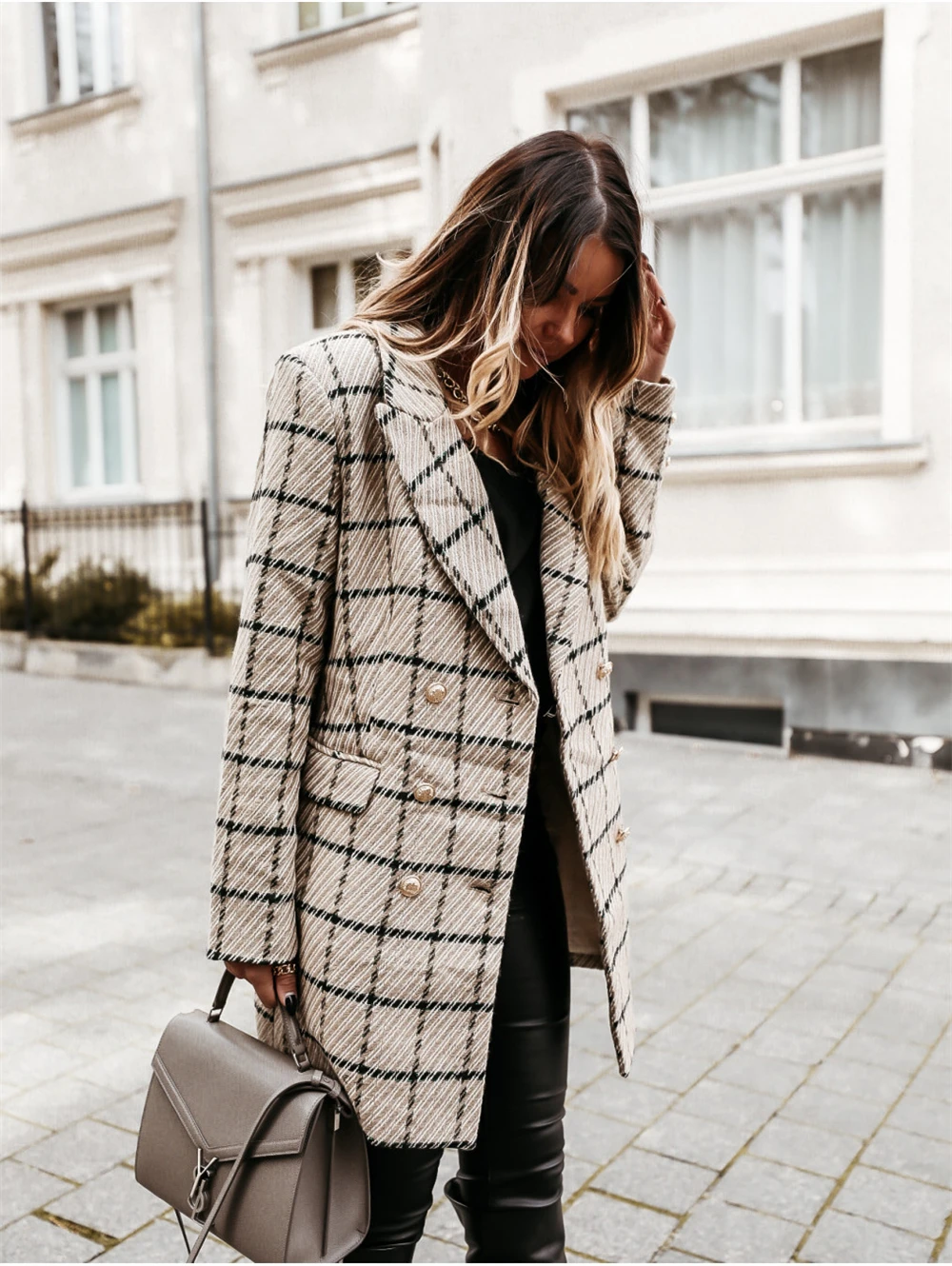 Women Vintage Plaid Tweed Woolen Blazer Coat Female Checked Jacket Outerwear Chic Suits Veste Tops Blazer Mujer Veste Femme