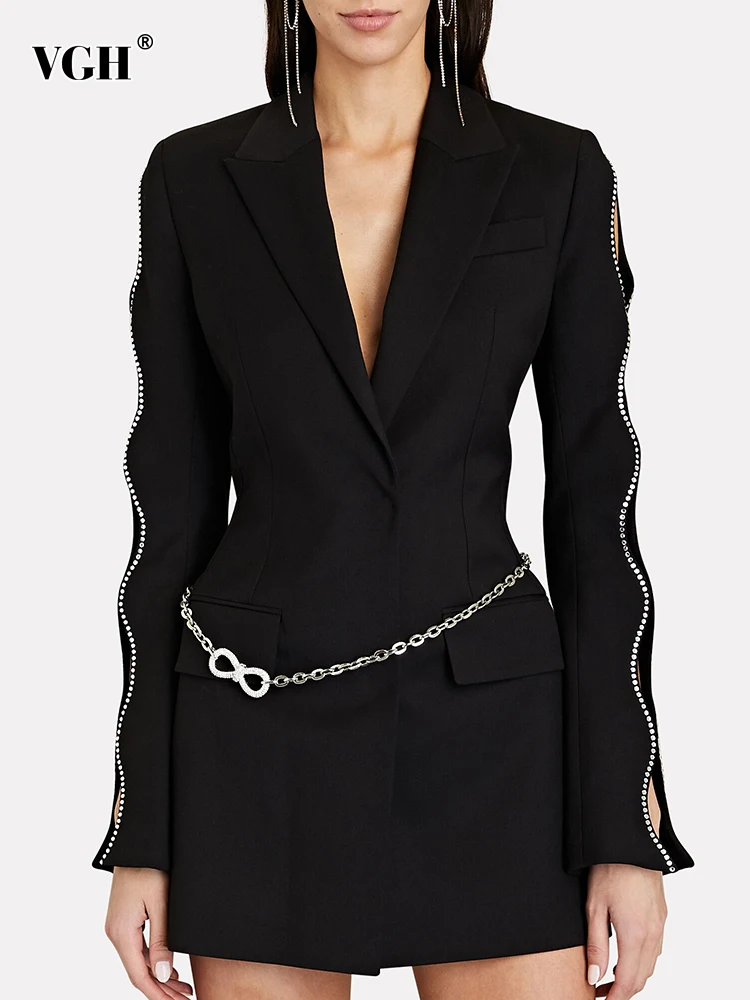 VGH Solid Spliced Chain Blazer For Women Notched Collar Long Sleeve Tunic Patchwork Diamonds Temperament Blazers Female FashionP