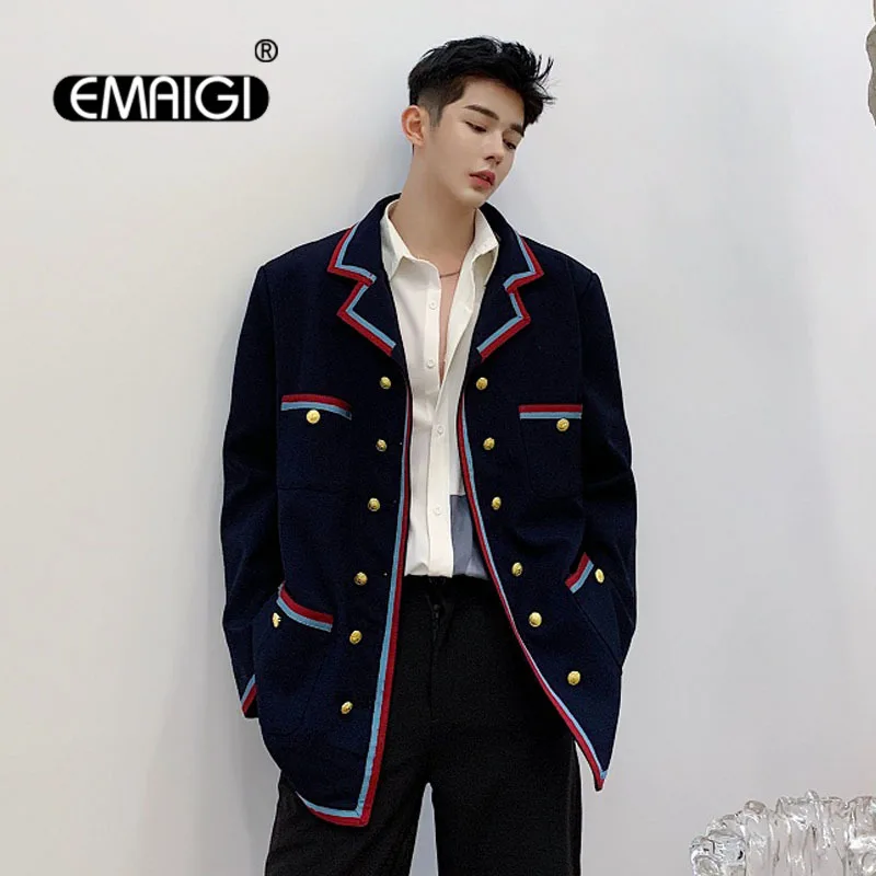 Blazer Men Double Breasted Ribbon Korean Preppy Style Loose Casual Suit Blazers Jacket Male Vintage Streetwear Suit Coat