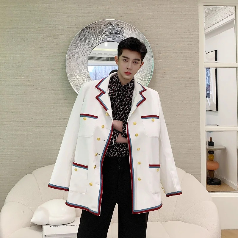 Blazer Men Double Breasted Ribbon Korean Preppy Style Loose Casual Suit Blazers Jacket Male Vintage Streetwear Suit Coat