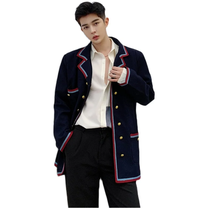 Blazer Men Double Breasted Ribbon Korean Preppy Style Loose Casual Suit Blazers Jacket Male Vintage Streetwear Suit Coat