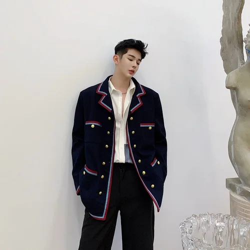 Blazer Men Double Breasted Ribbon Korean Preppy Style Loose Casual Suit Blazers Jacket Male Vintage Streetwear Suit Coat