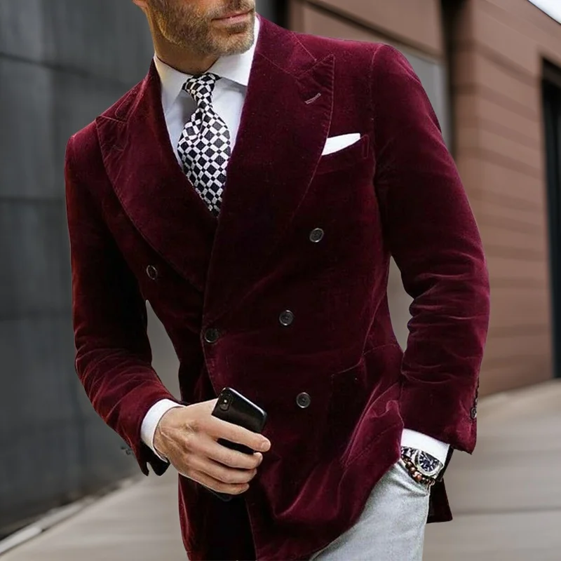 Men's Double Breasted Velvet Blazer for Dinner Italian Style Jacket Elegant Smoking Suit Coat For Wedding Prom Party