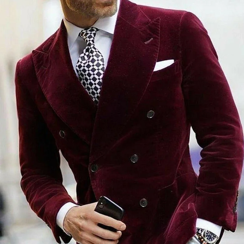 Men's Double Breasted Velvet Blazer for Dinner Italian Style Jacket Elegant Smoking Suit Coat For Wedding Prom Party