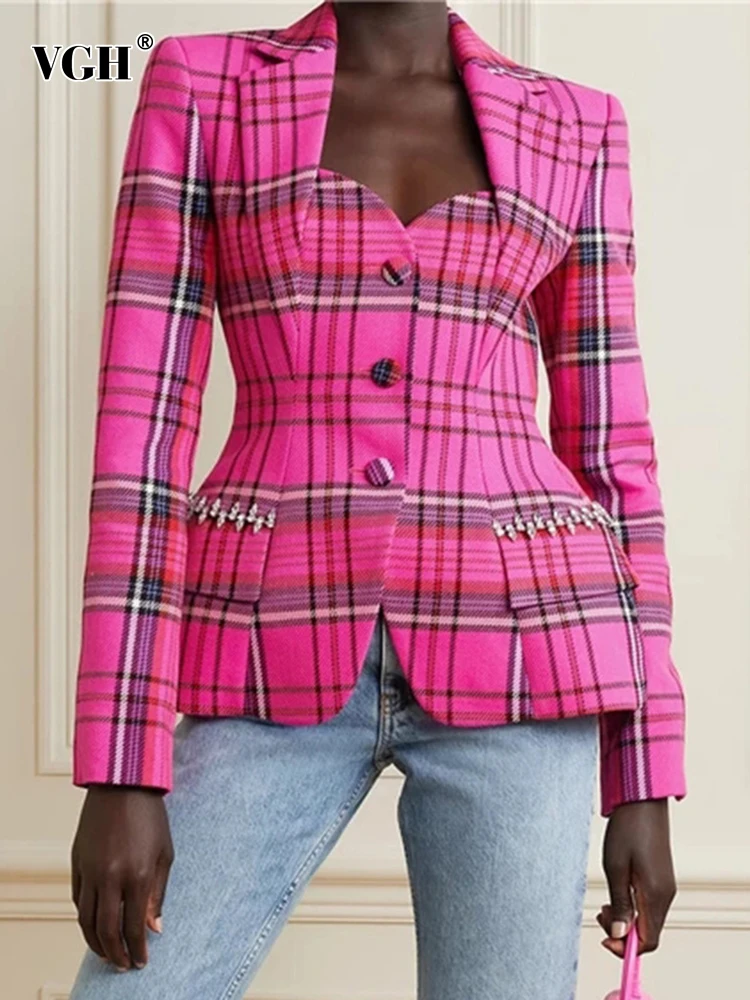 VGH Vintage Plaid Colorblock Blazers For Women Notched Collar Long Sleeve Hollow Out High Waist Slimming Coats Female  NewPr