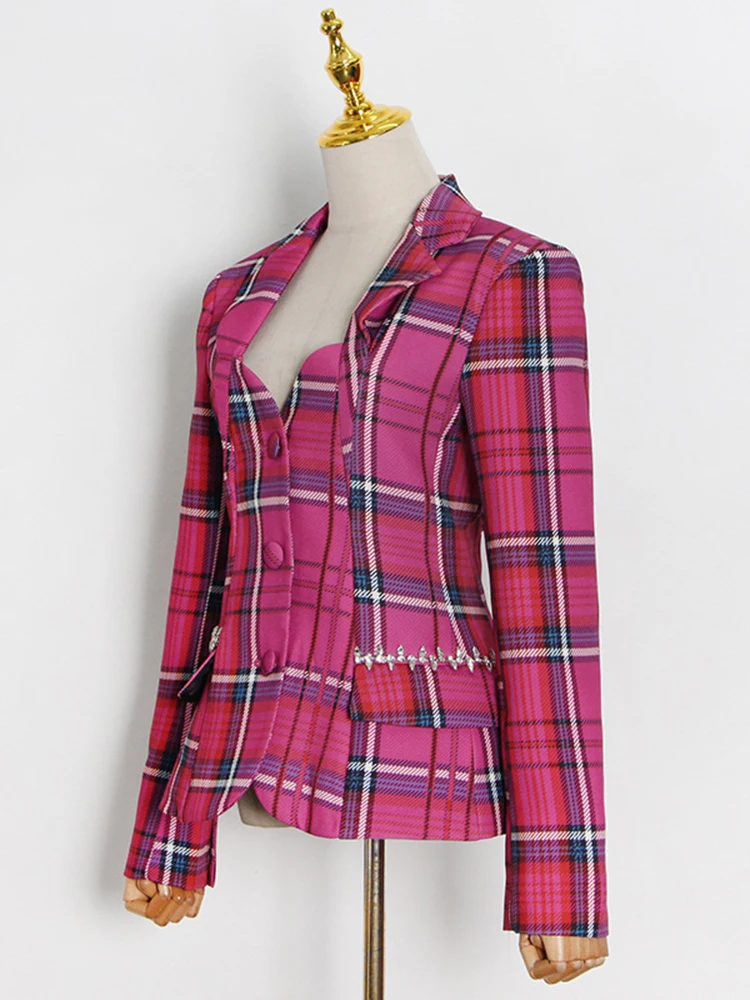 VGH Vintage Plaid Colorblock Blazers For Women Notched Collar Long Sleeve Hollow Out High Waist Slimming Coats Female  NewPr