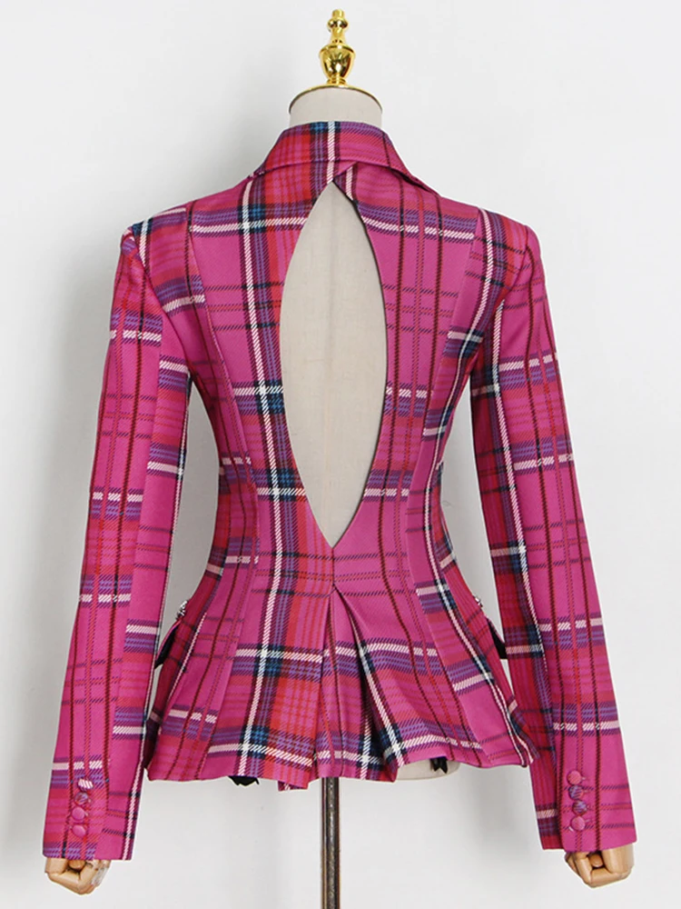 VGH Vintage Plaid Colorblock Blazers For Women Notched Collar Long Sleeve Hollow Out High Waist Slimming Coats Female  NewPr