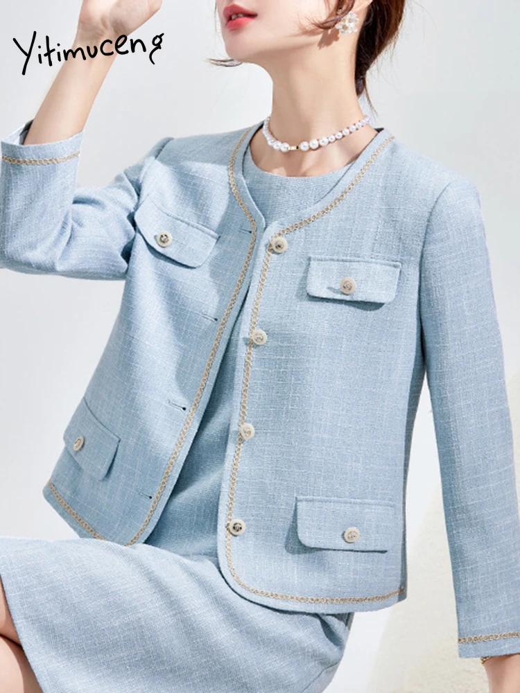 Yitimuceng Blazer for Women Elegant Single Breasted Long Sleeve O Neck Fashion Short Blazer Lady Office Classic Pocket Suit Coat